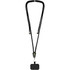 A black phone lanyard features adjustable cords and a clip for attaching devices. It has a simplistic design.