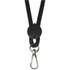 A black phone lanyard with a clasp and a plastic attachment point. It features a woven design.