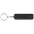 A black keychain with a rectangular body and a circular attachment ring. It features a logo on one side.