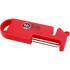A red multi-purpose kitchen tool featuring a peeler and a logo. It has a compact design for easy handling.