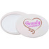 A round, white makeup mirror with a mirrored side and a decorative design featuring the word "Beauty."