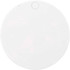 A round, white compact makeup mirror with a small button on one side and a logo.