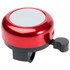 A red metal bicycle bell featuring a black mount and a lever for ringing. It has a plain circular top.