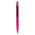 A pink ballpoint pen with a shiny silver clip and a sleek design, featuring a branding logo.