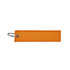 An orange woven keytag with a metal ring attachment. The keytag has a rectangular shape and is textured.