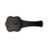 A black pet food scoop with a unique, rounded design and a flat handle. It features a logo.