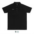 A black unisex polo shirt featuring a logo on the chest, with a classic collar and short sleeves.