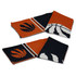 A knitted scarf featuring orange and navy colours with basketball designs and a logo.
