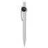 A plastic pen in a sleek white design with a unique circular clip and a logo on the body.