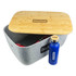 A grey storage tub with a bamboo lid and a blue drink bottle. The tub contains a patterned blanket.