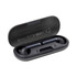 A pair of black Aria true wireless earbuds resting in a black charging case with a logo and branding.