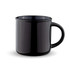 A black ceramic mug with a smooth finish and a curved handle. It features a logo on the front.