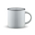 A drink mug in white with a black rim, featuring a curved handle and a glossy finish.