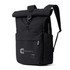 A black rolltop backpack featuring a front pocket and a logo, with adjustable straps and a drink bottle holder.