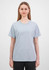 A light blue women's short sleeve tee displayed on a model, featuring a simple design and a logo.
