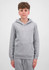 A grey youth hoodie with a front pocket and a hood, worn by a young model. The garment has a simple, casual design.