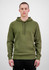 A men's olive green hoodie with a hood, front pocket, and ribbed cuffs. It has a logo on the front.