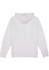 A white hoodie with a back view featuring a hood and long sleeves. The garment includes a logo.