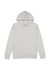 A plain grey hoodie featuring a front pocket and a drawstring hood, with a logo on the chest area.