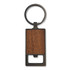 A drink bottle opener keyring featuring a square wooden design and a black metal keyring.