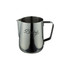 A stainless steel jug with a smooth finish and a handle, featuring an engraved logo.