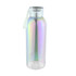 A drink bottle in a transparent, iridescent finish with a white lid and a loop for easy carrying.