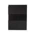 A black notebook with a ribbed texture and a smooth black band, featuring a logo.