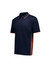 A navy short sleeve polo with an orange trim and a textured side panel. It features a collar and structured fit.