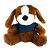 A brown plush dog with floppy ears and a white snout, wearing a navy blue shirt, sitting upright.