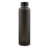 A drink bottle featuring a sleek matte black design and a silver lid, with a branding logo.