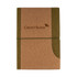 A cork notebook with a green accent and an elastic strap, featuring a logo on the cover.