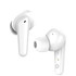 White wireless earbuds featuring a sleek design, with a small logo on one side.