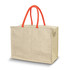 A cream cooler bag with bright orange handles, featuring a zip closure and a rectangular shape.