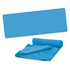 A blue active cooling towel rolled up and laid out flat, featuring a textured surface and an attached pouch.