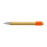A bamboo spinner pen with a silver clip and an orange accent. It features a simple, eco-friendly design.