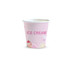 A pink compostable paper cup with a decorative ice cream design and a logo. Volume is 180ml.