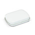 A rectangular tin in white, designed for containing mints, featuring a smooth surface and a hinged lid.