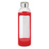 A drink bottle features a sleek glass design with a protective red silicone sleeve and a stainless steel cap.