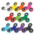 A collection of fidget spinners in various colours: white, yellow, orange, red, green, blue, purple, and black, with a logo.