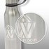 A drink bottle made of stainless steel with a silver finish and a logo embossed on its surface.