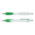 A green and white plastic pen with a textured grip and a clip, featuring a logo on the body.