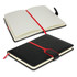 A black notebook with red elastic closure and ribbon bookmark, featuring lined pages inside.