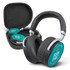 Onyx noise cancelling headphones in black with a green and silver logo, stored in a protective case.
