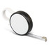 A black and white clip measuring tape with a retractable measuring strip. It features a handle for easy grip.