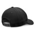 A black cap with a curved brim, featuring a snapback closure and a plain design. It has a logo on the side.