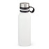 A drink bottle with a matte white body, stainless steel lid, and a black strap for easy carrying.
