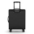 A black wheeled suitcase with a retractable handle and four wheels, featuring a minimalistic design.