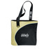 A tote bag featuring a black and cream design, equipped with a shoulder strap and a logo.