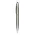 A silver metal ballpoint pen with a sleek design and a clip. It features a logo on the side.