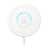 A white wireless charging pad with a circular design and a logo featuring mountains and text.